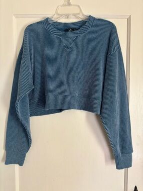 Lulu's Dusty Blue Ribbed Cropped Crew Sweater